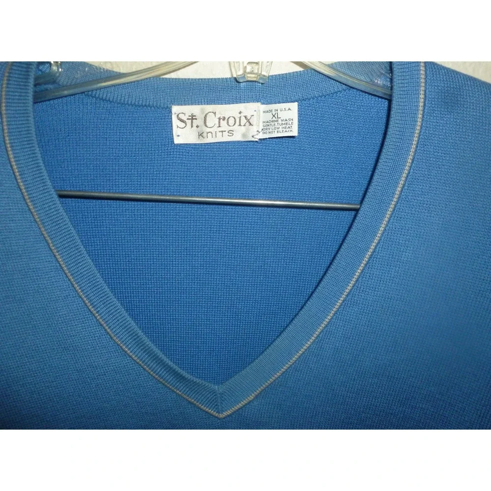 St Croix Knits Mens XL Blue V-Neck Sweater Abstract Stripe Mercerized Cotton USA